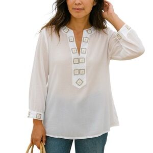 Chicos Size 2 White Beaded Long Sleeve Tunic Coastal Grandma Beach Vacation Glam